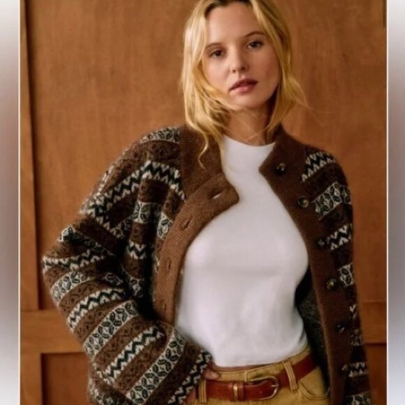 Sezane Thais jacket sz S sweater cardigan kid mohair brown jacquard - Picture 2 of 13